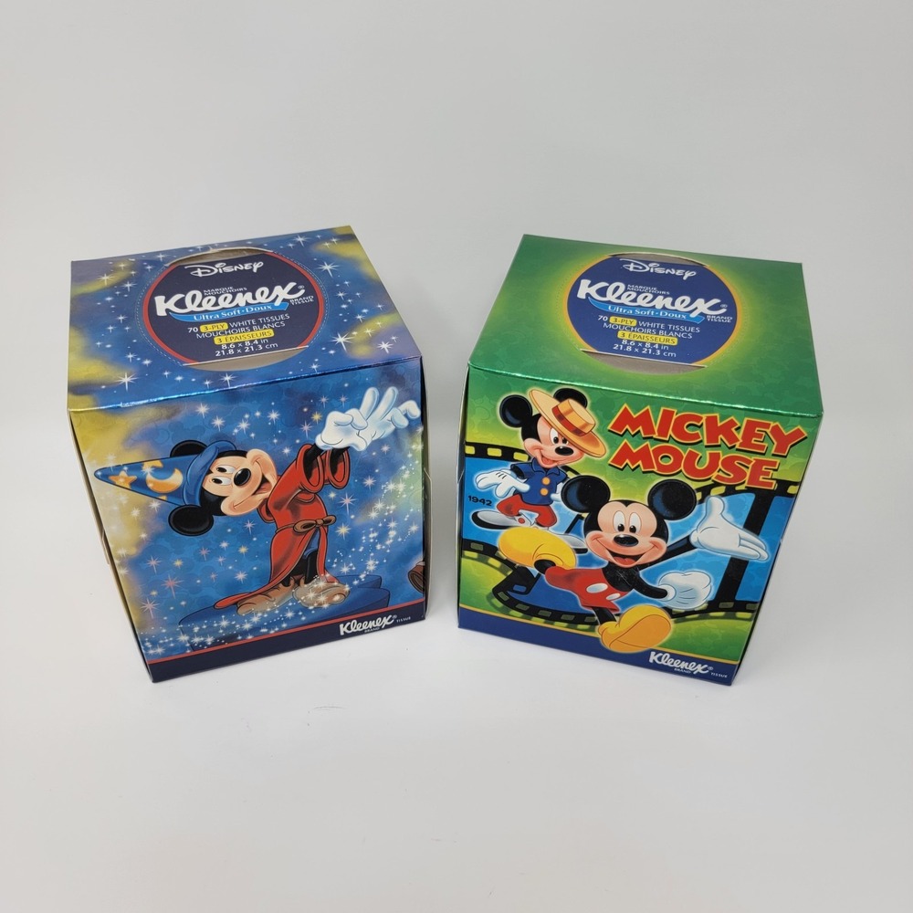 2 Vintage KLEENEX Tissue Box Disney MICKEY MOUSE 75th Anniversary Fantasia Film